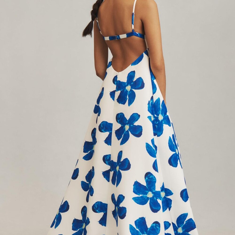 Anthropologie Sau Lee LUCIA Square-Neck Satin Maxi Dress 14 Blue Floral Stunning